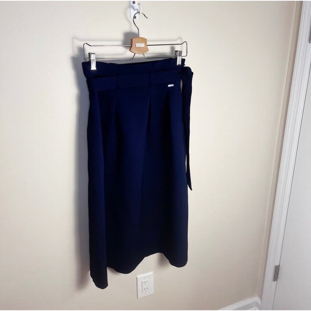Armani Exchange Skirt Womens 4 Navy Blue A-Line Midi High Waist Tie Belt Pleated - Picture 5 of 10